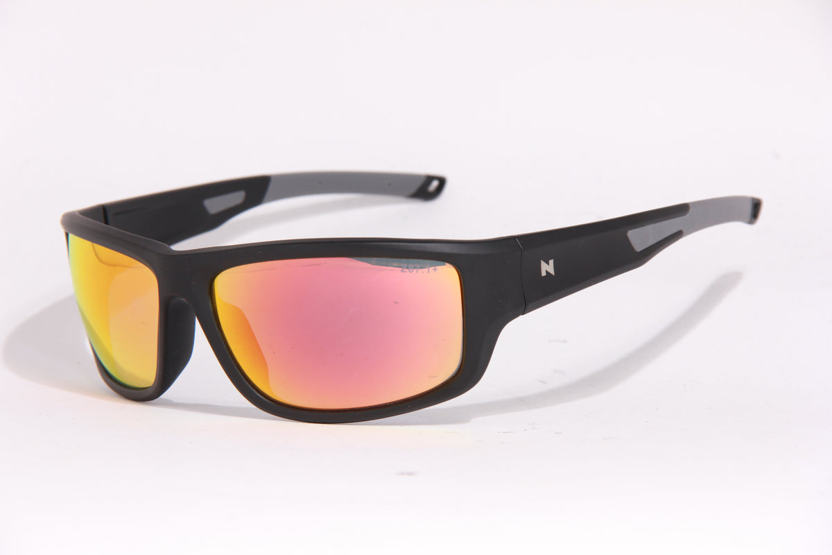 SPECTRAL Z87.1+ matte black, Ruby Fire Z87.1 lens, three-quarter view