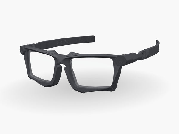 Ignite One modular prescription frame in Graphite Black with Arc 11 arms, three-quarter view
