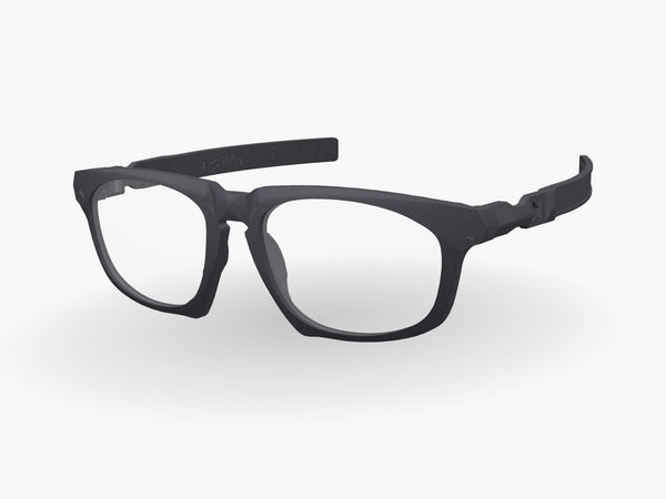 Zero round modular prescription frame in Graphite Black with Arc 11 arms, three-quarter view