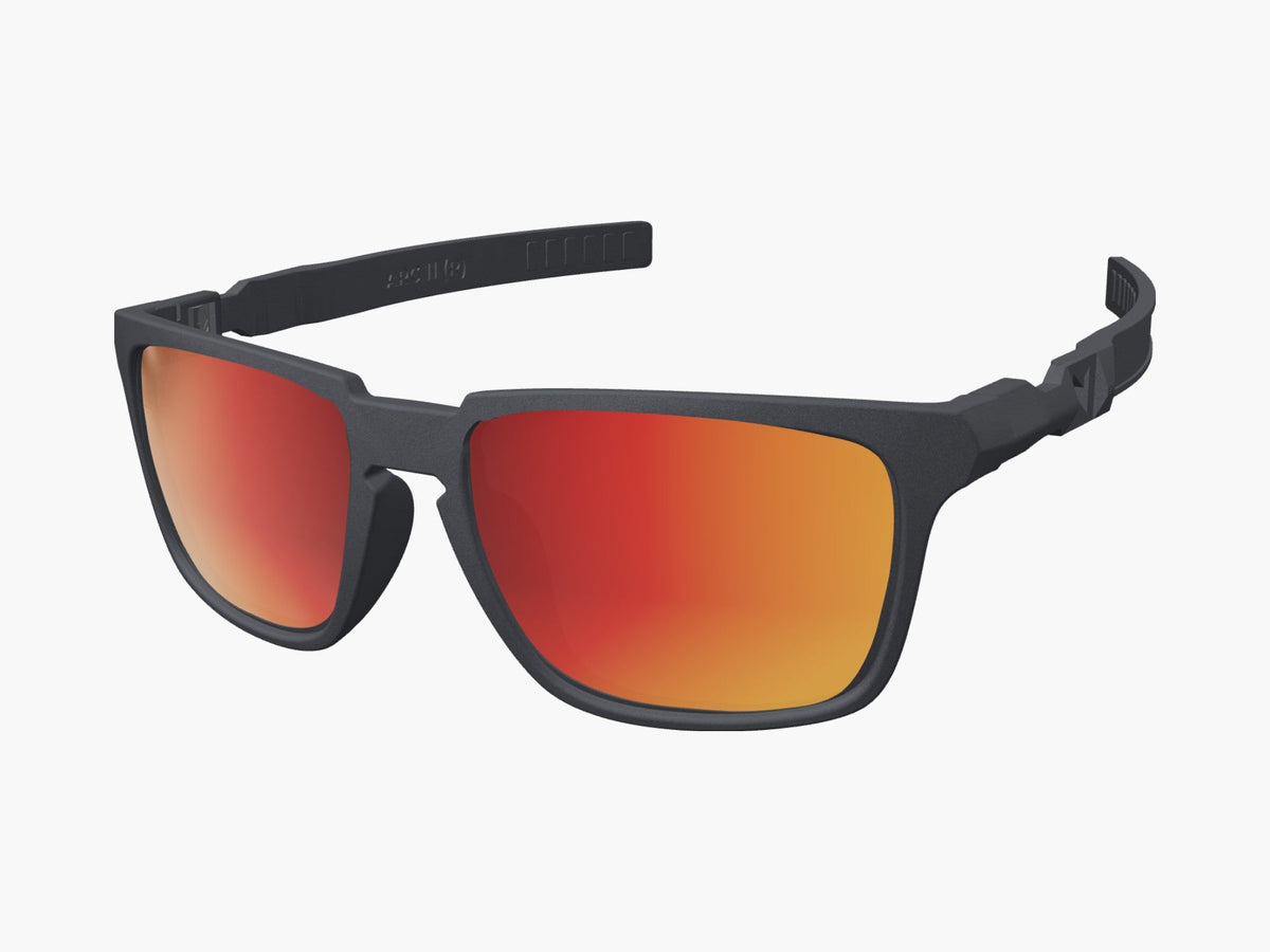 OUTLAW modular sunglasses, Graphite Black frame, Arc 11 arms, Ruby Fire polarized lenses, three-quarter view