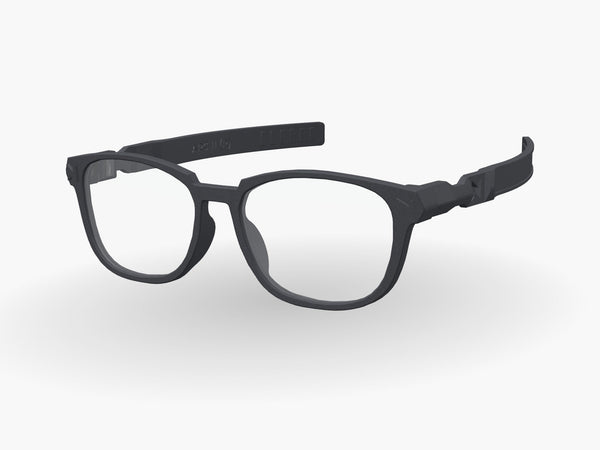 Titan One round modular prescription frame in Graphite Black with Arc 11 arms, three-quarter view