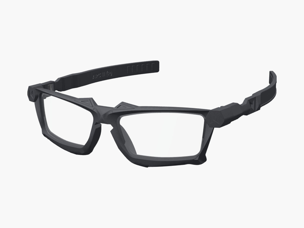 ATOM modular prescription glasses, Graphite Black frame, Arc 11 arms, three-quarter view