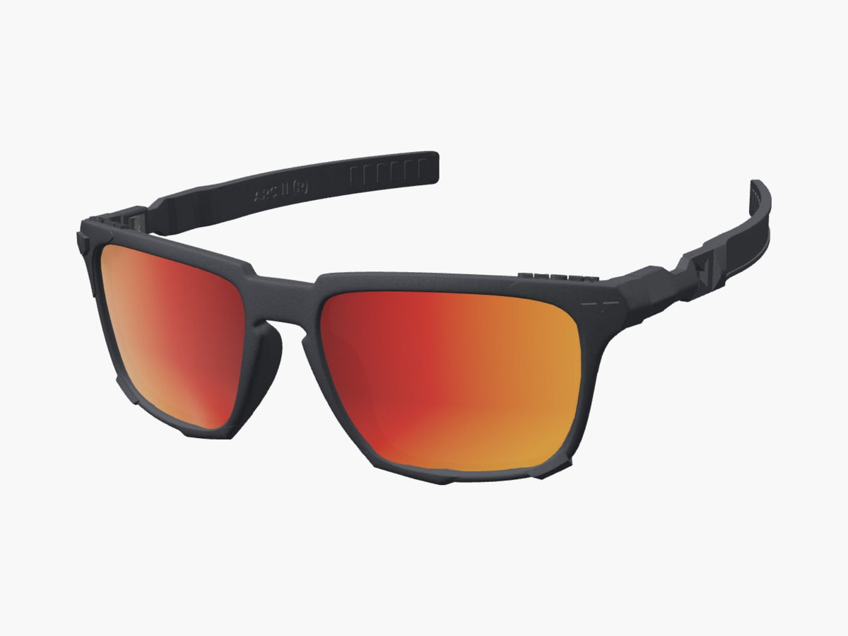 OUTLAW GHOST modular sunglasses, Arc 11 arms, Ruby Fire polarized lenses, three-quarter view
