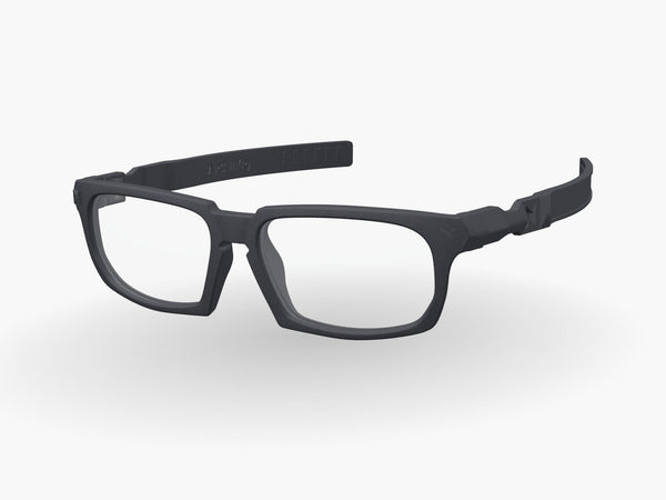 Lunar One modular prescription frame in Graphite Black with Arc 11 arms, three-quarter view
