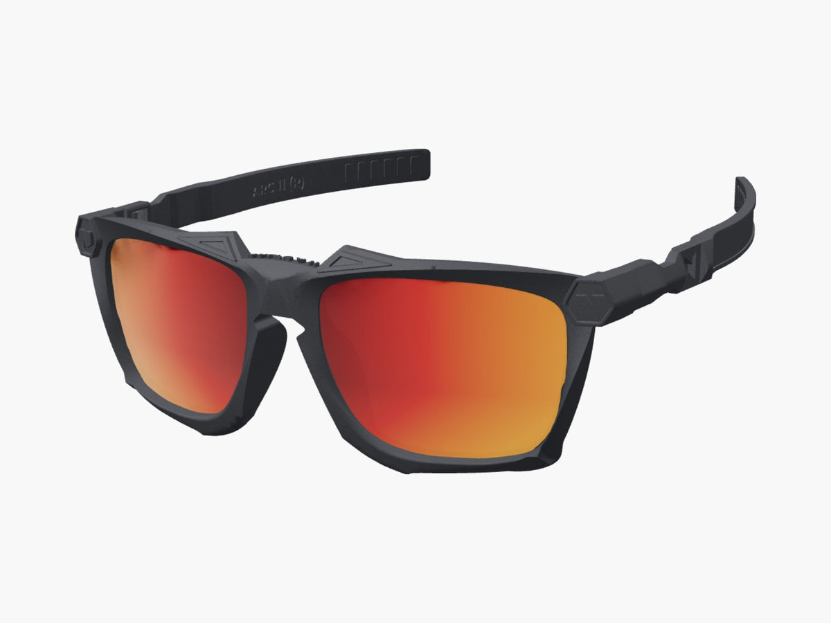 OUTLAW II modular sunglasses, Graphite Black frame, Arc 11 arms, Ruby Fire polarized lenses, three-quarter view
