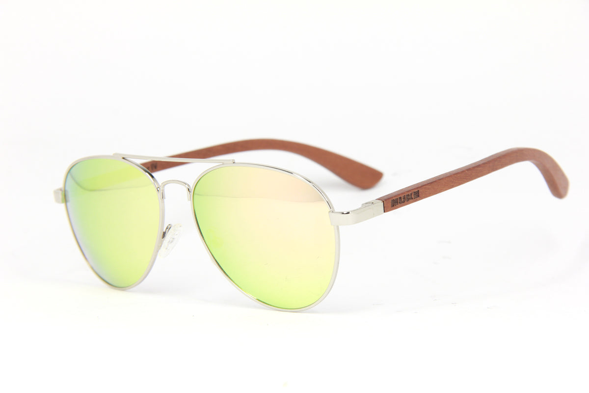 OUTLET METEOR IV AVIATOR SILVER ROSE GOLD POLARIZED ROSE WOOD TEMPLE SUNGLASSES