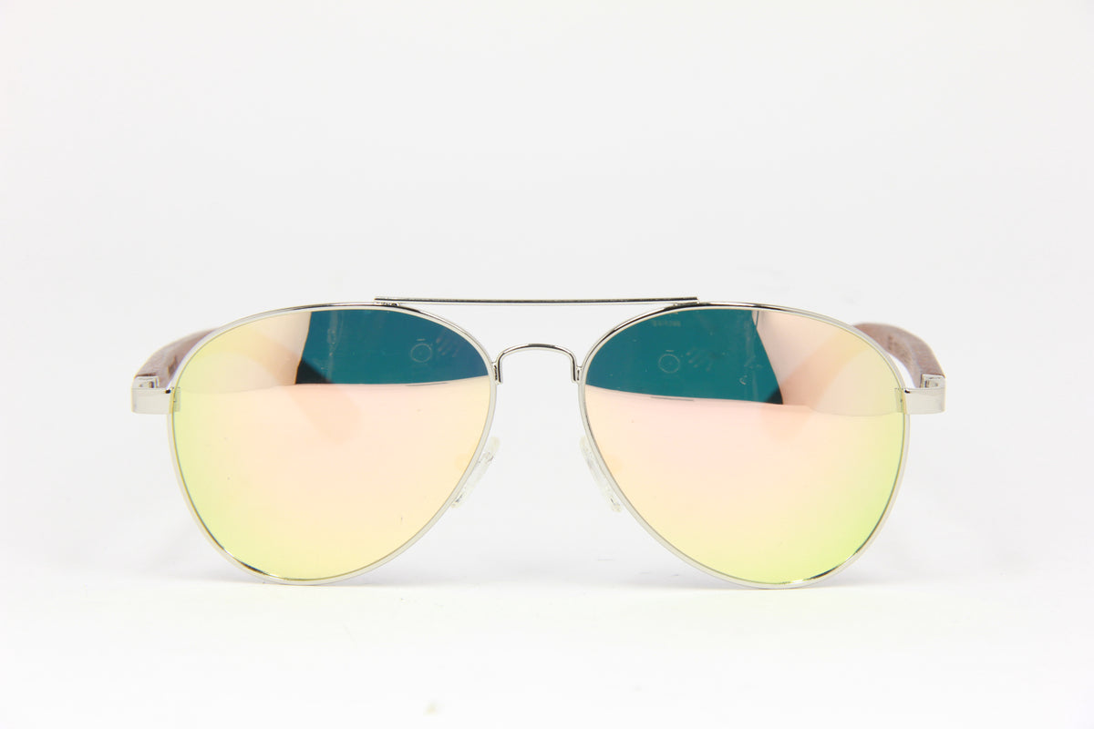OUTLET METEOR IV AVIATOR SILVER ROSE GOLD POLARIZED ROSE WOOD TEMPLE SUNGLASSES