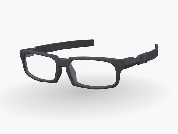 Origin modular prescription frame in Graphite Black with Arc 11 arms, three-quarter view