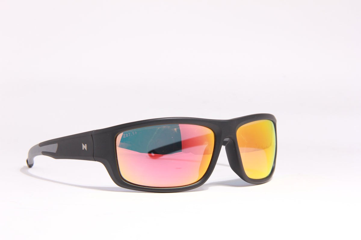 SPECTRAL Z87.1+ matte black, Ruby Fire Z87.1 lens, angled view
