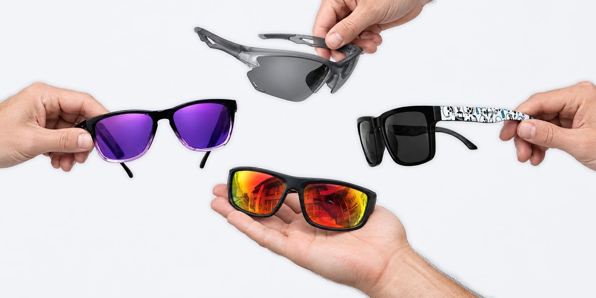 Nuke entry-level non-modular sunglasses held in four hands